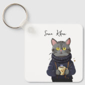 Personalisierte Katze Cool Black Cat mit Kaffee Schlüsselanhänger (Vorderseite)
