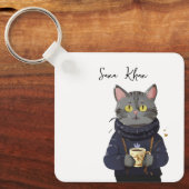 Personalisierte Katze Cool Black Cat mit Kaffee Schlüsselanhänger (Vorderseite)