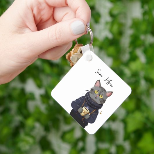 Personalisierte Katze Cool Black Cat mit Kaffee Schlüsselanhänger (Hand)