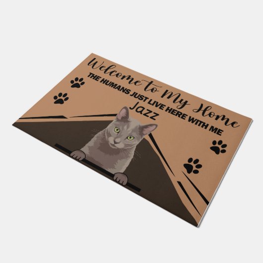 Personalisierte Katze Doormat, willkommen auf unse Fußmatte (Schrägansicht)