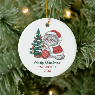 Personalisierte Katze mit Weihnachtsmannhut Weihna Keramik Ornament