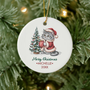 Personalisierte Katze mit Weihnachtsmannhut Weihna Keramik Ornament