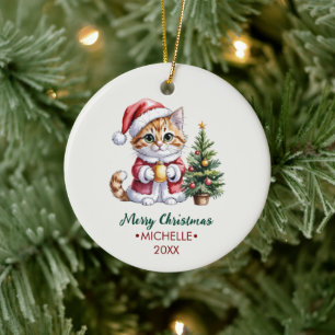 Personalisierte Katze mit Weihnachtsmannhut Weihna Keramik Ornament