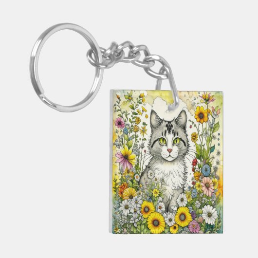 Personalisierte Katze Sitzen in Blume Schlüsselanhänger (Vorderseite links)