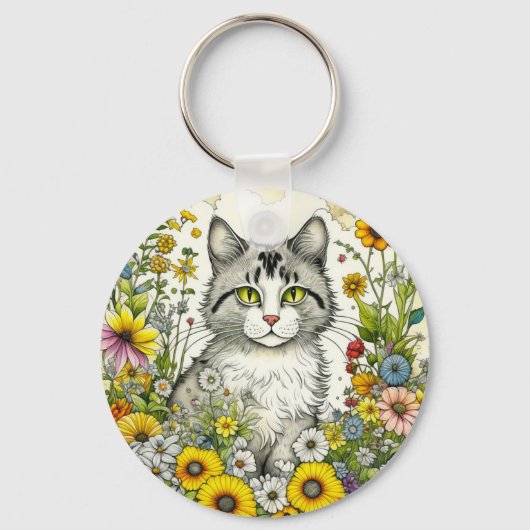 Personalisierte Katze Sitzen in Blume Schlüsselanhänger (Vorderseite)