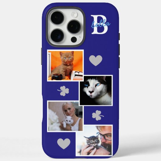 Personalisierte Katzenfoto-Collage-Monogramm blau Case-Mate iPhone Hülle (Rückseite)