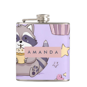 Personalisierte Kawaii-Raccoons mit Cupcakes-Muste Flachmann