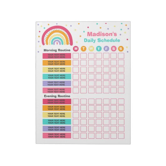 Personalisierte Kids Rainbow Daily Schedule Routin Notizblock (Rotiert)