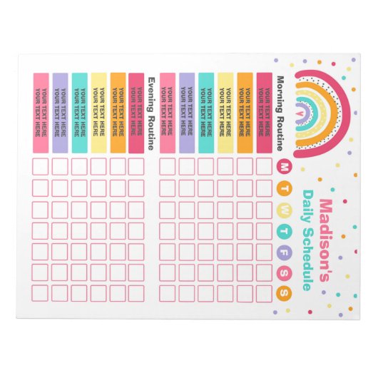 Personalisierte Kids Rainbow Daily Schedule Routin Notizblock (Vorderseite)