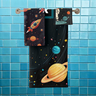 Personalisierte Kids-Raumschiff-Planeten Badhandtuch Set