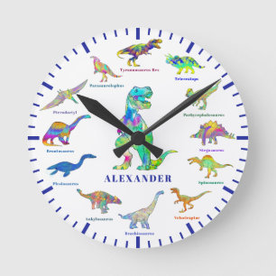 Personalisierte Kind Namen Bunte Süße Dinosaurier Runde Wanduhr