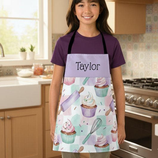 Personalisierte Kinder-Schürze Lavendel-Cupcake Mo Schürze