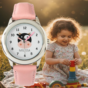 Personalisierte Kinderuhr mit lustigem Kuh-Cartoon Armbanduhr