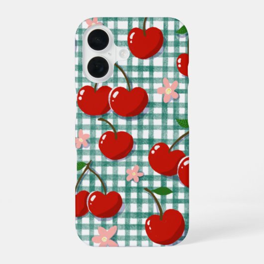 Personalisierte Kirsche auf grünem Gingham Handyhü iPhone 16 Hülle (Rückseite)