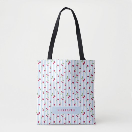 Personalisierte Kirsche Blaue Streifen Retro Süß Tasche (Vorderseite)