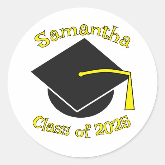 Personalisierte Klasse von 2025 Abschluss Hutgelb Runder Aufkleber (Vorderseite)