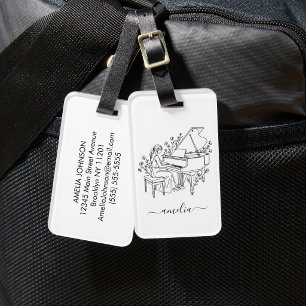 Personalisierte Klavierspielerin-Linienzeichnung f Gepäckanhänger