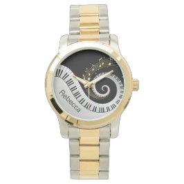 Personalisierte Klaviertasten und Gold-Musiknoten Armbanduhr