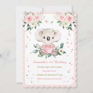 Personalisierte Koala Bear Girl 1. Geburtstag Einladung