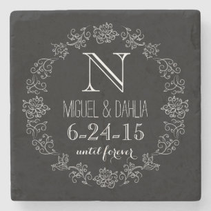 Personalisierte Kreidetafel-Monogramm-Hochzeitsdat Steinuntersetzer