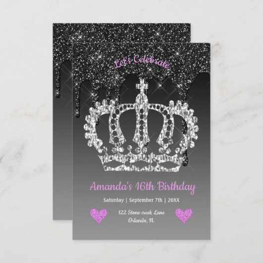 Personalisierte Krone & Tropfen Glitzer Geburtstag Einladung (Vorne/Hinten)