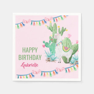 Personalisierte Lama und Kaktus Mädchen Geburtstag Serviette