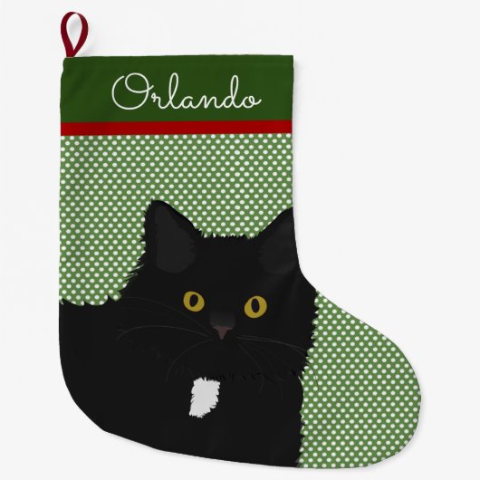 Personalisierte Langhaar Gelbe Augen Schwarze Katz Großer Weihnachtsstrumpf (Vorderseite)