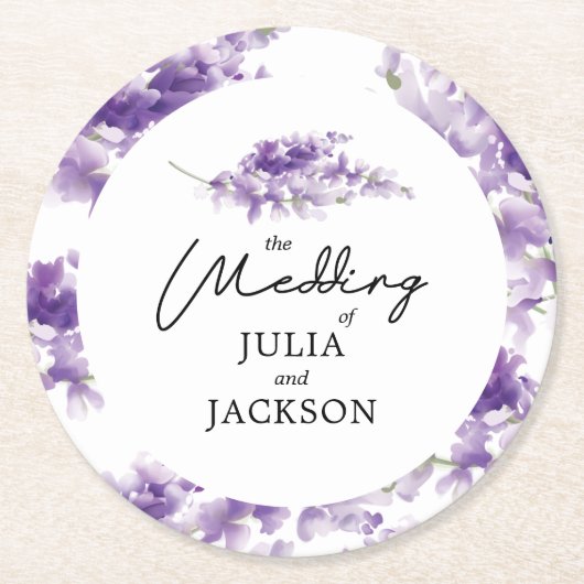 Personalisierte Lavender Watercolor Hochzeit Elega Runder Pappuntersetzer (Vorderseite)