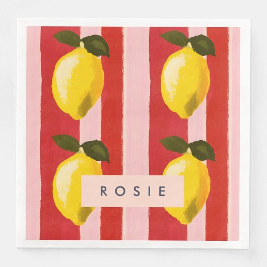 Personalisierte Lemon Stripe Muster Gelbe Zitronen Serviette (Vorderseite)
