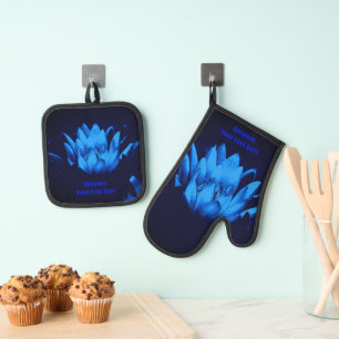 Personalisierte Leuchtend Blaue Lotus-Lilie-Blume Ofenhandschuh & Topflappen-Set