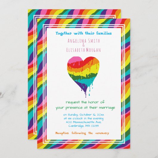 Personalisierte LGBT-Rainbow-Heart-Hochzeit Einladung (Vorne/Hinten)