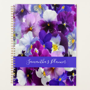 Personalisierte lila blaue weiße florale Stiefmütt Planer