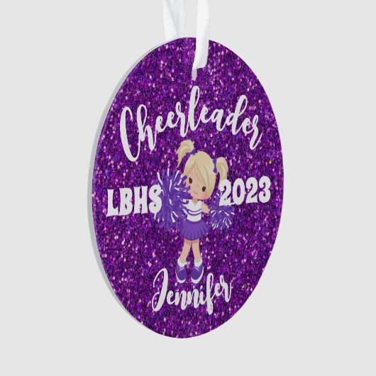 Personalisierte Lila Blonde Cheerleader Ornament (Vorderseite)