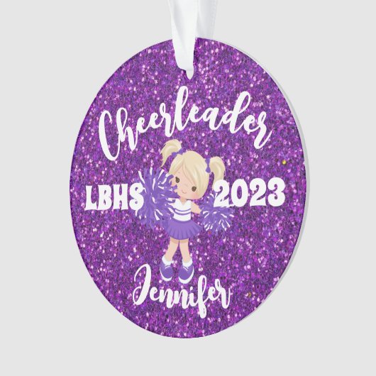 Personalisierte Lila Blonde Cheerleader Ornament (Vorderseite)