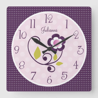 Personalisierte Lila Blume Kinderzimmer-Uhr Quadratische Wanduhr