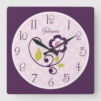 Personalisierte Lila Blume Kinderzimmer-Uhr Quadratische Wanduhr