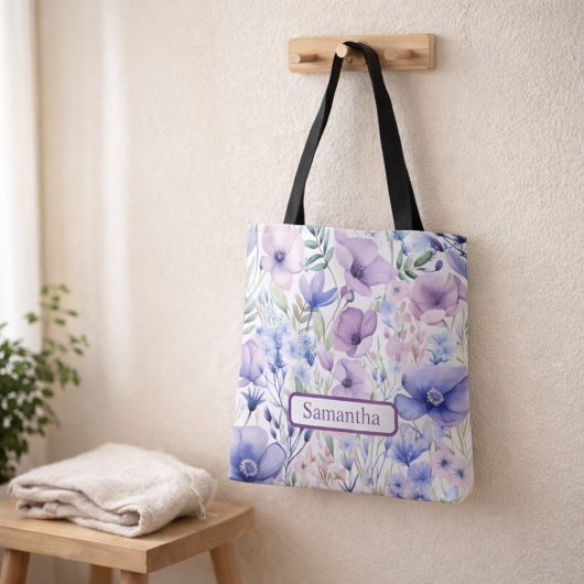 Personalisierte lila Blumenname Tasche