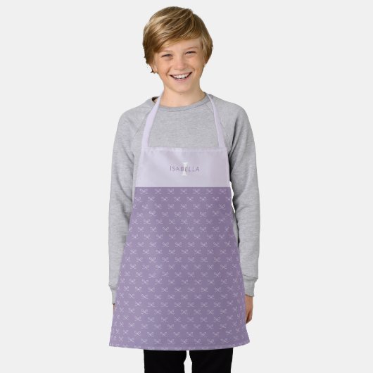 Personalisierte Lila Bow Patternskinder Schürze (Getragen)