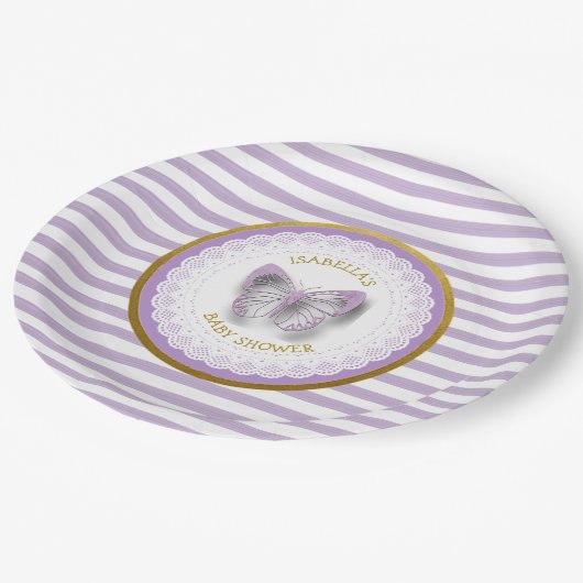 Personalisierte Lila Butterfly Baby Dusche Teller (Schrägansicht)