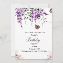 Personalisierte lila florale Geburtstagseinladung