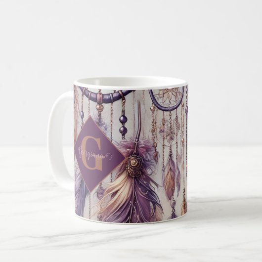 Personalisierte Lila & Gold Boho Dreamcatcher Kaffeetasse (Vorderseite Links)