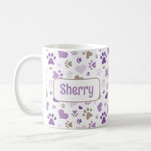 Personalisierte Lila Hearts Paw Prints Tasse (Links)