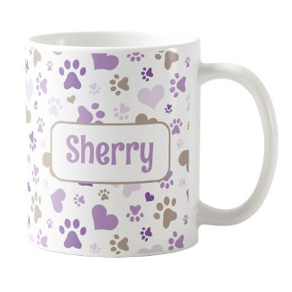 Personalisierte Lila Hearts Paw Prints Tasse