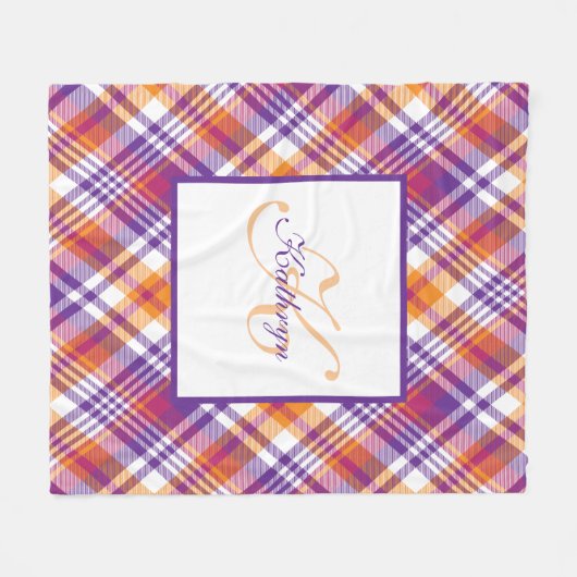 Personalisierte Lila, orange und weiße Karierte Bl Fleecedecke (Vorderseite (Horizontal))