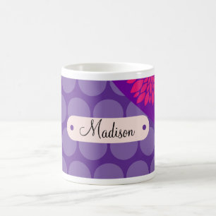 Personalisierte lila Polka-Punkt-rosa NamensBlume Kaffeetasse