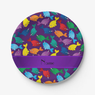 Personalisierte lila Regenbogen Namensnarwhals Pappteller