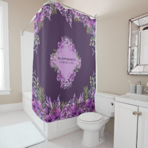 Personalisierte lila und Aubergine Blumen Duschvorhang