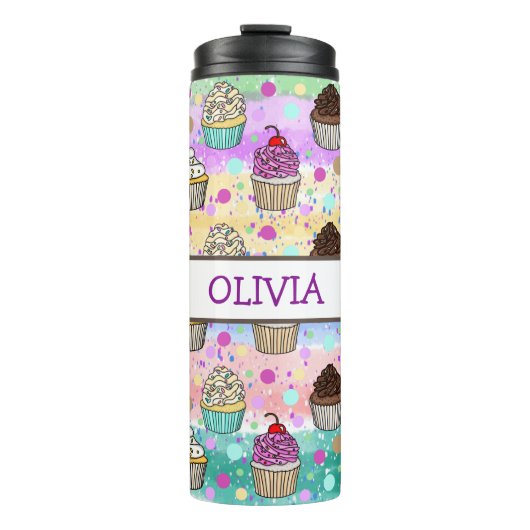 Personalisierte, Lila und rosa Cupcakes Thermosbecher (Vorderseite)