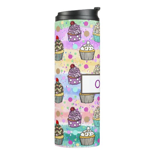 Personalisierte, Lila und rosa Cupcakes Thermosbecher (Nach links gedreht)