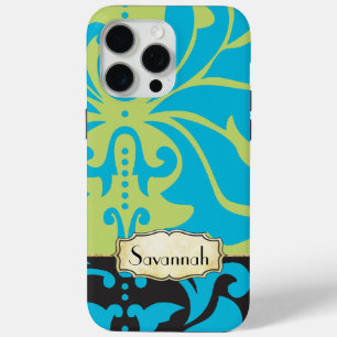 Personalisierte Limone Aqua Gold Damask iPhone 15 Pro Max Hülle